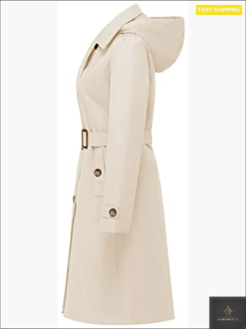 Double Breasted Long Trench Coat Mid-Length Belted Overcoat with Detachable Hood - Picture 4 of 7